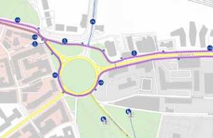 Auszug aus der Online-Radkarte, der den Bereich um den Berliner Platz zeigt (Hintergrundkarte: © OpenStreetMap-Mitwirkende, www.openstreetmap.org) (Fotos FHWS / GIS-Labor, Prof. Dr. Grimhardt)